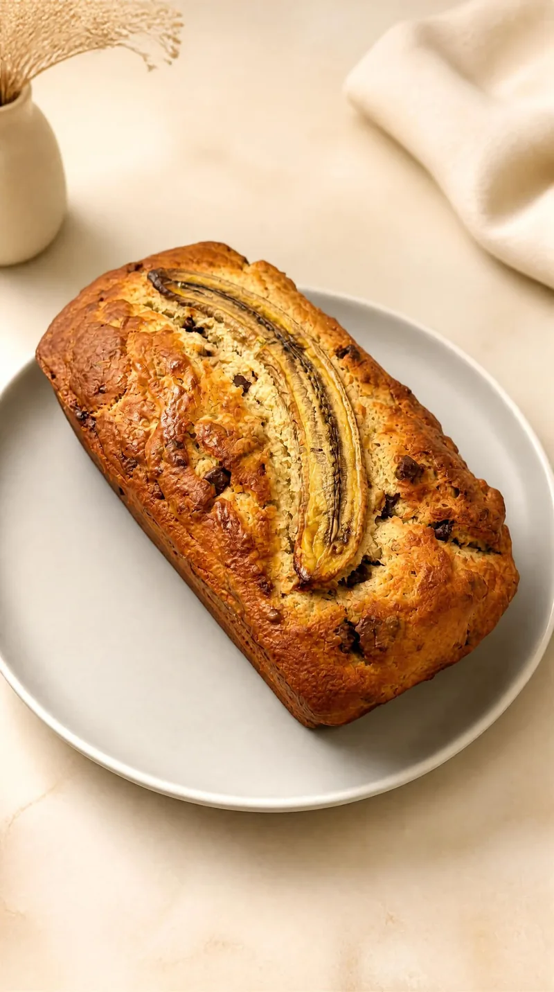 A golden banana bread loaf with chocolate chips and a halved banana baked on top