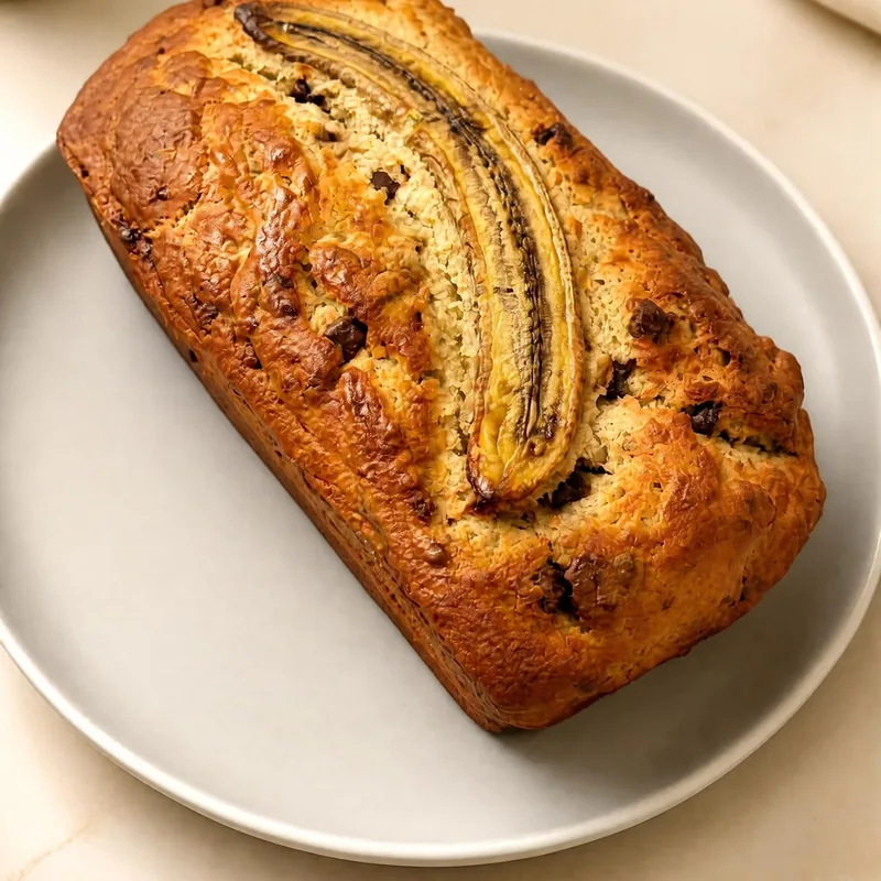 A golden banana bread loaf with chocolate chips and a halved banana baked on top