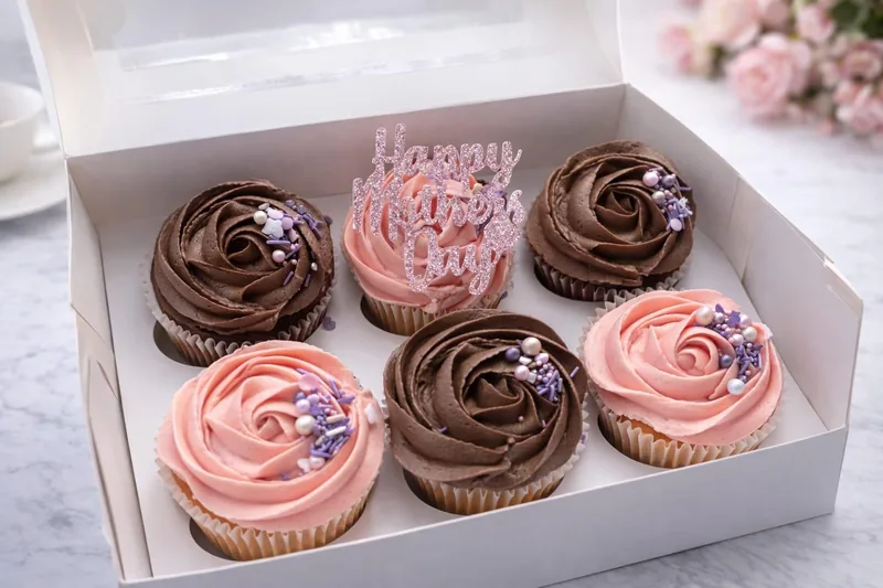 Box of chocolate and pink rose cupcakes with a Happy Mother's Day topper