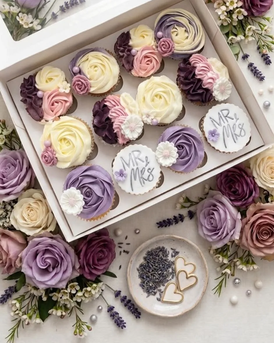 Lilac, plum and ivory rose cupcakes with Mr and Mrs discs
