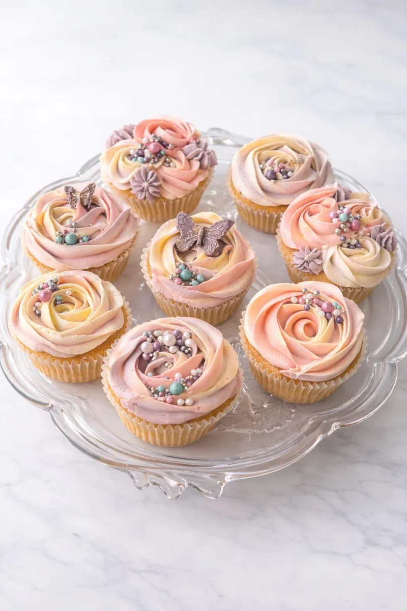 Pastel rose cupcakes with pearl sprinkles and chocolate butterflies on a glass cake stand