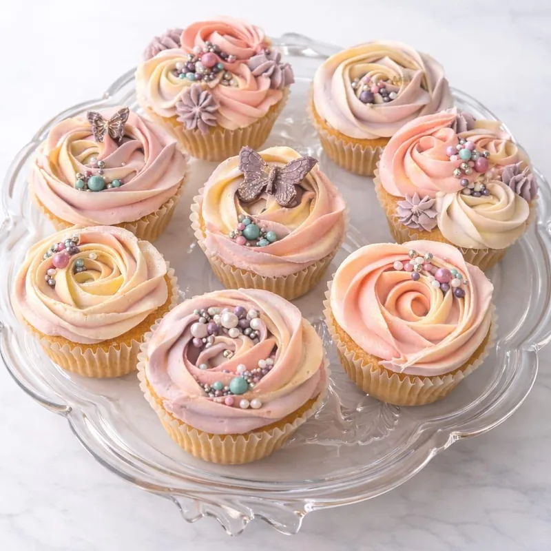 Pastel rose cupcakes with pearl sprinkles and chocolate butterflies