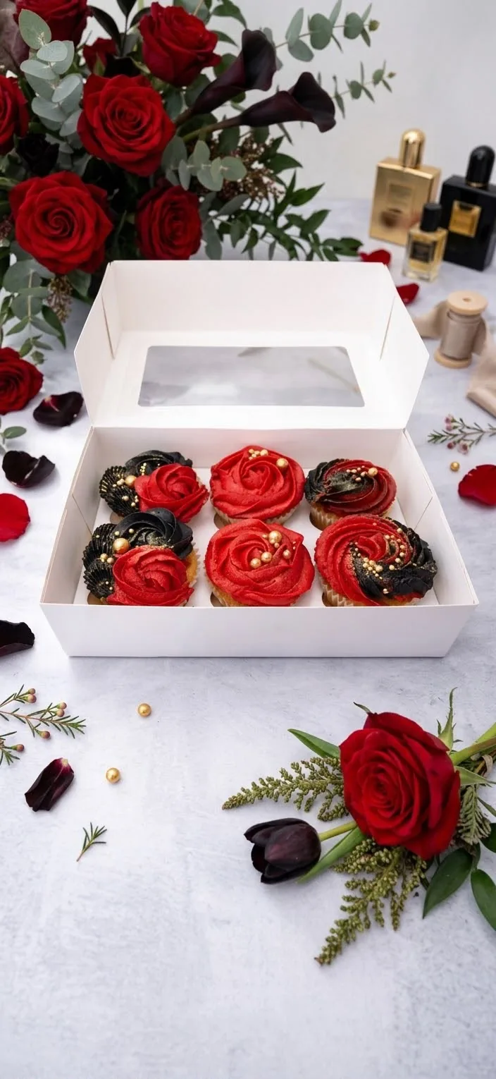 Red and black rose cupcakes with gold pearls in a gift box surrounded by red roses